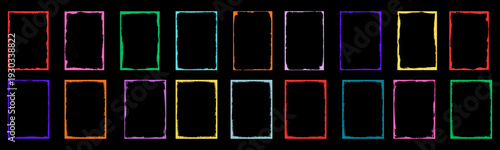 Colorful grunge frames set. Scratchy eroded edge vintage border. vector illustration