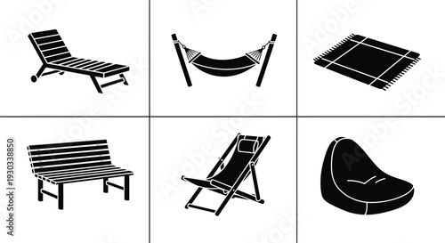 Outdoor furniture vector silhouette set with hammock, bench, lounger, deck chair, and bean bag