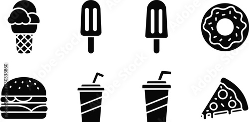 Fast food and dessert vector silhouette icons set including burger, pizza, ice cream, donut, soda, popsicle