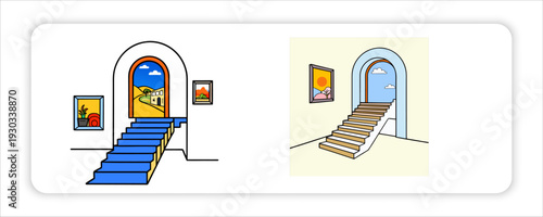 Three Archways with Staircases Leading to Different Landscapes