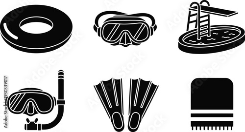Swimming pool equipment vector silhouette set with snorkel, fins, goggles, towel, and float icons