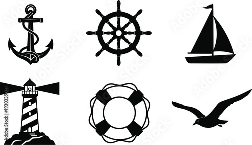 Nautical vector silhouette set with anchor, ship wheel, sailboat, lighthouse, lifebuoy, seagull icons