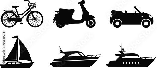 Transport vector silhouette set featuring bicycle, scooter, car, sailboat, yacht, and speedboat icons