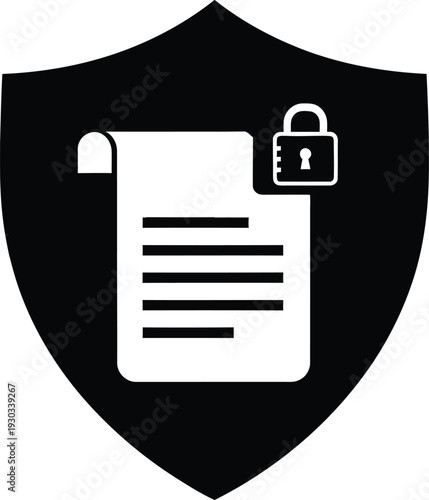 A simple black shield icon protecting a document with a lock symbol. .