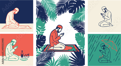 Set of 6 Muslim man praying illustrations vector