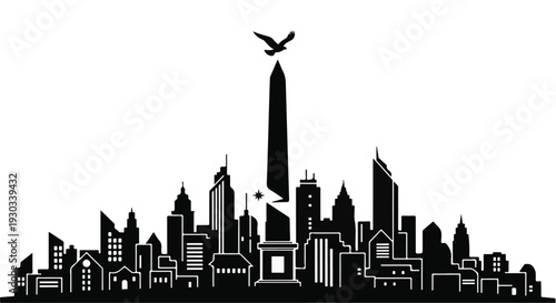 Silhouette of a vibrant city skyline with a bird soaring above a tall monument.