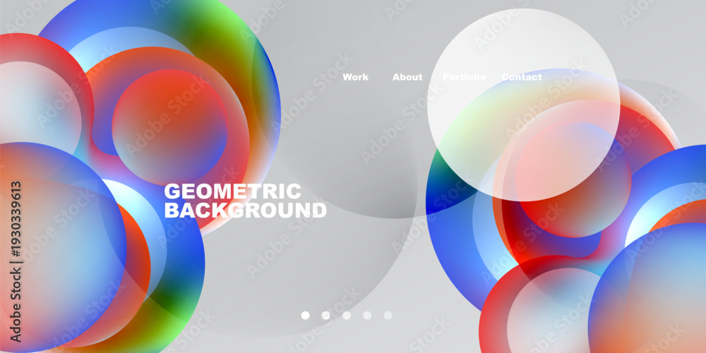 Fototapeta premium Abstract circles overlap, creating vibrant color gradients. Minimalist design features text, navigation elements on dark background.