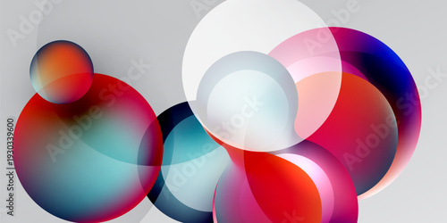 Abstract composition featuring overlapping colorful spheres. Gradient hues create dynamic visual effect against dark background.