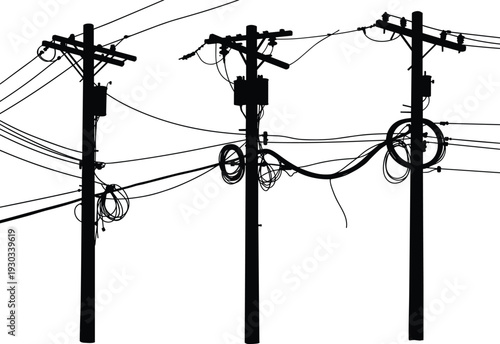 Silhouette of utility poles with transformers, insulators, chaotic power lines, electricity distribution, urban infrastructure, industrial landscape, high voltage grid