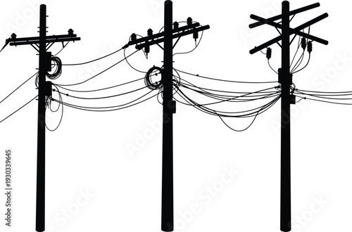 Silhouette of utility poles with crossarms, insulators, wire coils, communication devices, electricity distribution, urban infrastructure, industrial landscape, high voltage grid