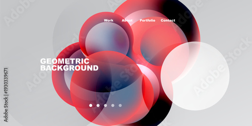 Abstract geometric shapes overlap, creating vibrant color gradients. Text labels indicate website navigation options. Minimalist design with dark background.