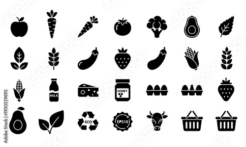 Organic Food Icon Set – Fruits, Vegetables and Eco Farm Silhouette Vectors