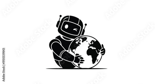 Friendly robot gently hugging the planet Earth with a wink