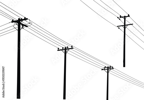 Silhouette of utility poles with power lines, crossarms, insulators, rural electricity distribution, energy infrastructure, industrial landscape, high voltage electrical grid