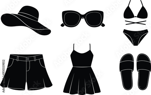 Summer beachwear vector silhouette set with hat, sunglasses, bikini, shorts, skirt, and sandals