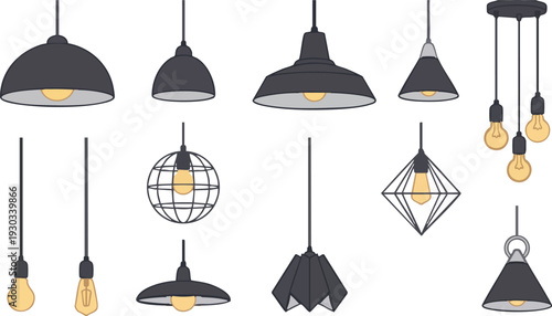 Set of 12 Modern Black Pendant Lights Vector