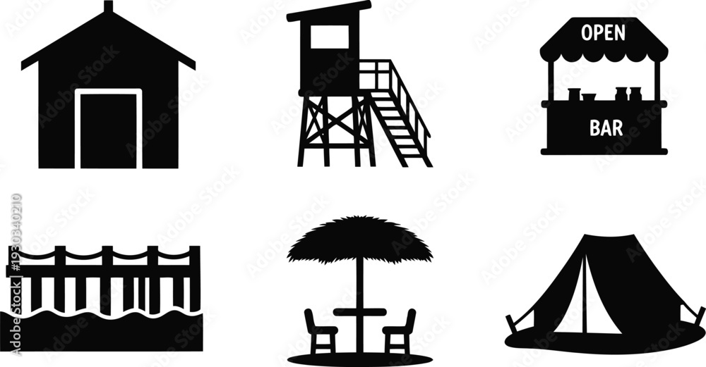 Obraz premium Beach and Camping Vector Silhouette Icons Set for Summer Outdoor Activities