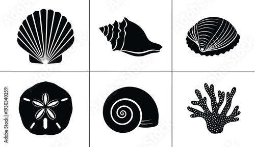Sea Shell Vector Silhouette Set – Black Marine Icons for Beach and Ocean Design Projects