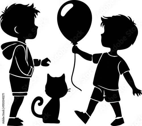 Silhouette of Two Boys Playing with a Balloon and a Small Cat, Childhood Friendship Vector Design