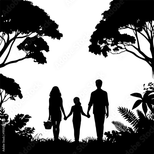 Family silhouette walking together in nature landscape black vector illustration