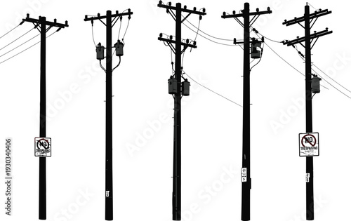 Silhouette of utility poles with transformers, danger signs, no trespassing warnings, electrical distribution network, rural energy infrastructure, industrial landscape, high voltage grid