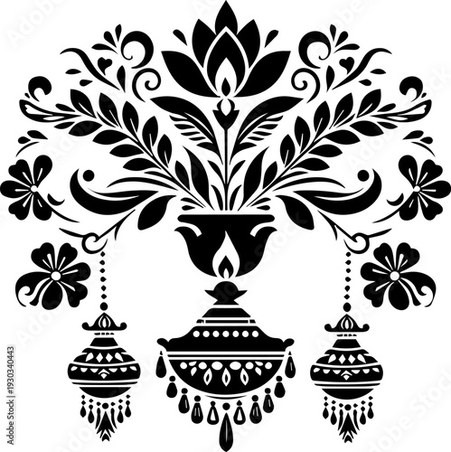 Traditional Decorative Floral Ornament with Oil Lamps and Diya Vector Art