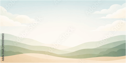 A beautiful summer landscape featuring green grass meadows and rolling hills under a blue sky with white clouds and majestic mountains on the horizon at sunset