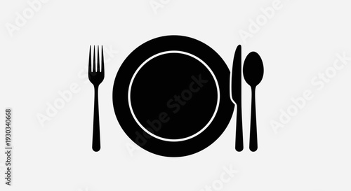 Dining Table Setting Icon – Plate Fork Spoon Silhouette Vector