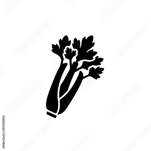 Minimalist black and white illustration of fresh leafy celery stalks