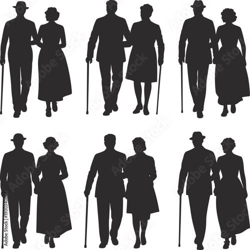 Silhouette pairs walking with cane, elderly support illustration, companionship concept, vintage formal attire, mobility assistance, vector design for healthcare, caregiving, and relationship themes