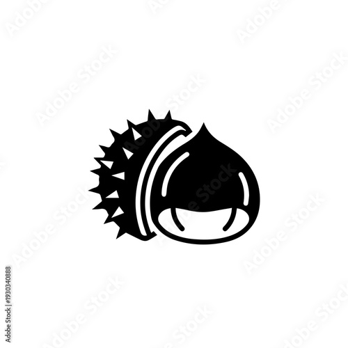 Black and white illustration of a spiky fruit with a single drop