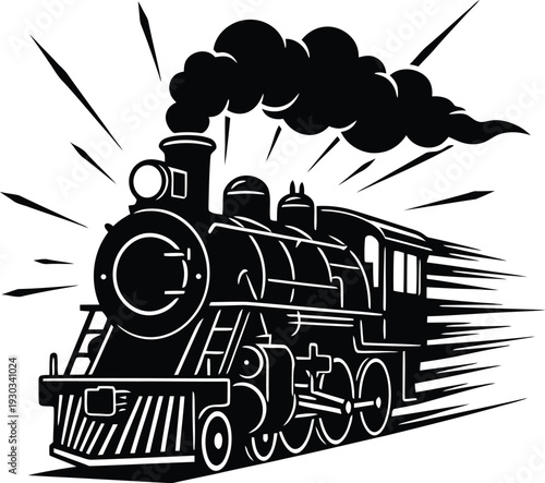 Steam locomotive train rushing with speed motion lines and smoke cloud black and white vector graphic element for transportation and vintage themes.