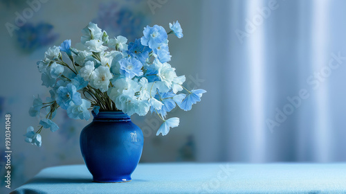 Ice blue floral arrangement in a blue ceramic vase on a pale blue table creating serene tonal harmony as a centerpiece still life