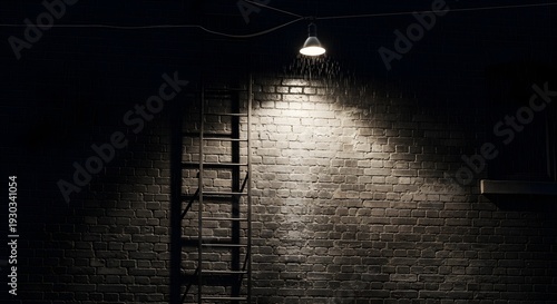 Ladder against brick wall illuminated by single light at night.