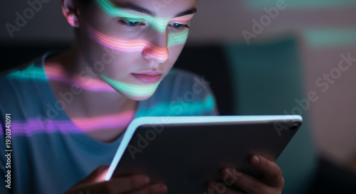Close-up view of a focused youth holding a glowing digital tablet displaying colorful light reflections across their face in a dimly lit room.