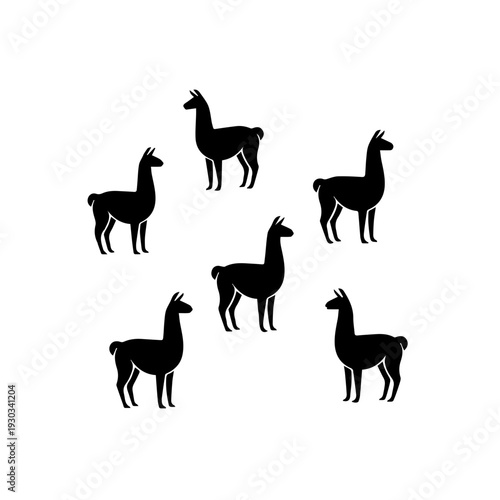 Five silhouetted llamas standing in a scattered formation against a plain background