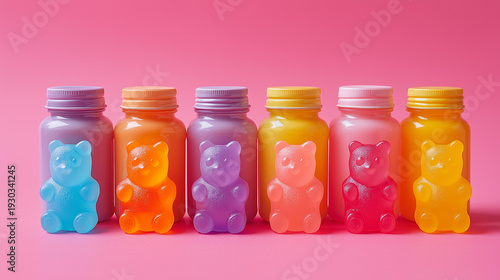 Squishy sensory toys and gummy vitamins bottles arranged by color in a flatlay with copy space on the right playful bright
