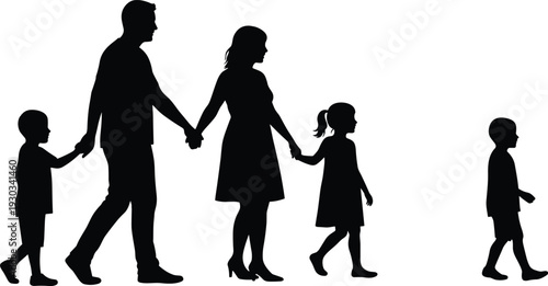 Silhouette of parents walking with children, family holding hands, black figures on white background, happy parenting, unity, lifestyle, and love