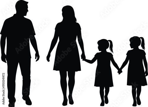 Silhouette of parents with two daughters walking, family love, parenting, bonding, black vector illustration, happy family togetherness, unity, lifestyle concept