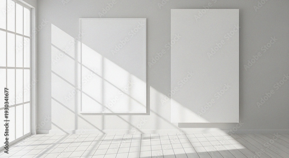Obraz premium Empty White Canvases Mockup Presentation in Bright Contemporary Room with Geometric Sunlit Floor Shadows