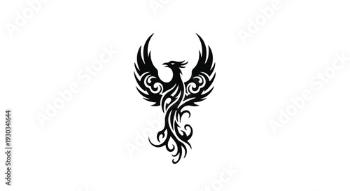 Tribal phoenix rising with ornate wings and swirling tail feathers