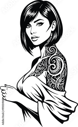 Beautiful woman with short hair and decorative tribal tattoo on her shoulder and back, black and white vector art.