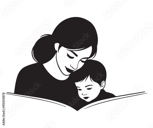Black line art mother baby story reading heartwarming family vector