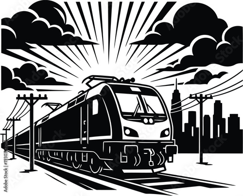 Powerful electric train speeding along tracks through a city with sunburst rays and clouds, modern transportation.