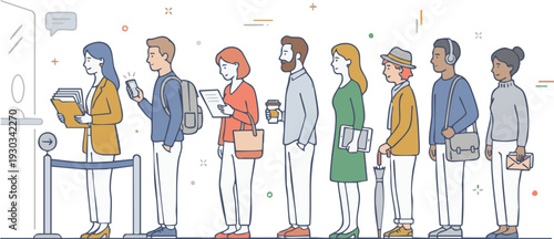 Diverse Group of People Waiting in Line Vector Illustration