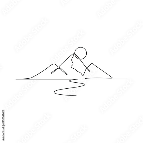 Minimalist illustration of a person hiking in the mountains with a winding path and serene landscape