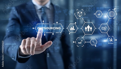 Outsourcing concept with businessman pressing virtual interface button, global network icons and digital transformation strategy featuring business, corporate, management with globalization and