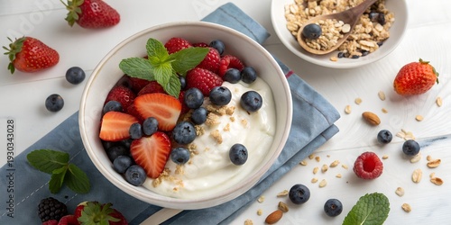 Greek yogurt bowl top view, berries topping, healthy breakfast concept