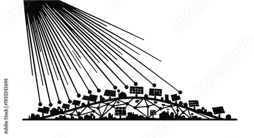 Abstract illustration of solar panels absorbing sunlight on a curved surface representing a city.