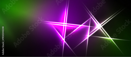 Abstract background features vibrant green, purple gradients. Bright lines intersect creating dynamic light effects. Dark areas frame composition.